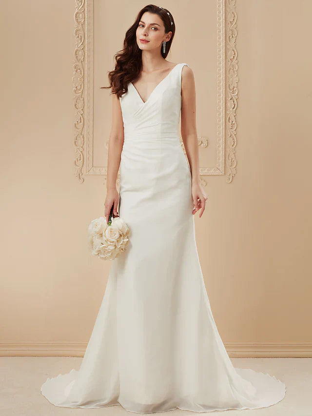Wedding Dresses V Neck Court Train Chiffon Over Satin Regular Straps Vintage Backless Elegant with Side-Draped
