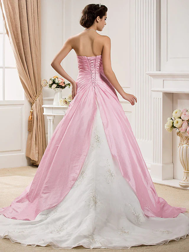 Ball Gown Wedding Dresses Strapless Chapel Train Organza Taffeta Strapless Wedding Dress in Color with Ruched Beading Appliques