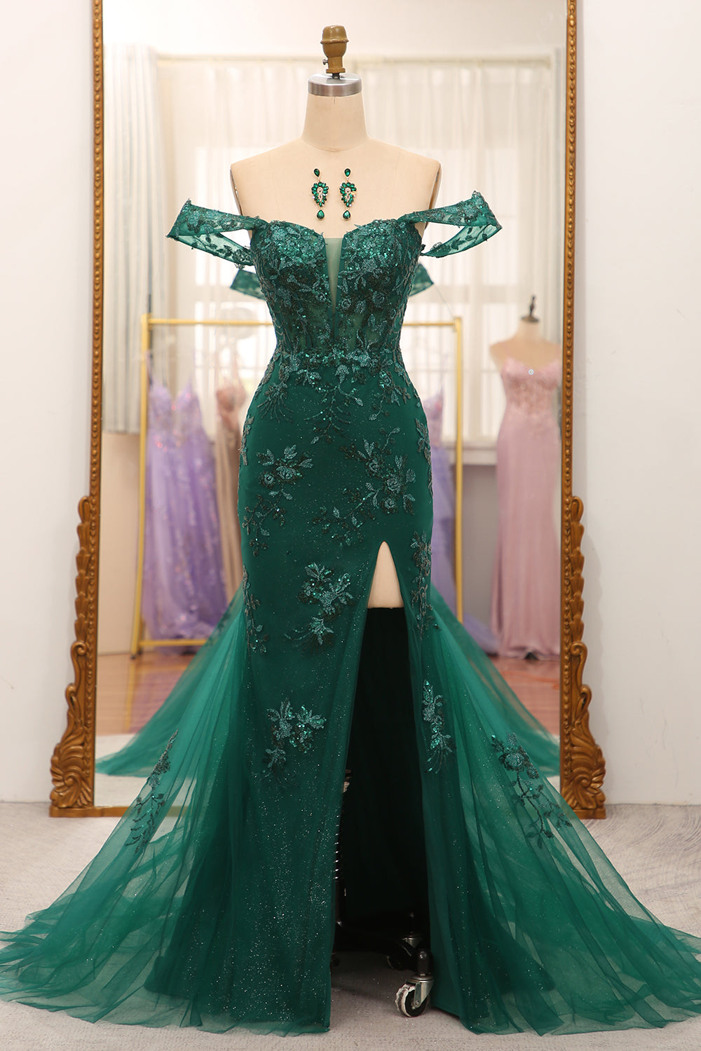 Mermaid Off The Shoulder Dark Green Prom Dress With Appliques Beautiful With Slit
