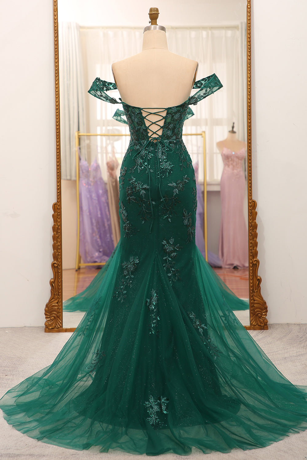 Mermaid Off The Shoulder Dark Green Prom Dress With Appliques Beautiful With Slit