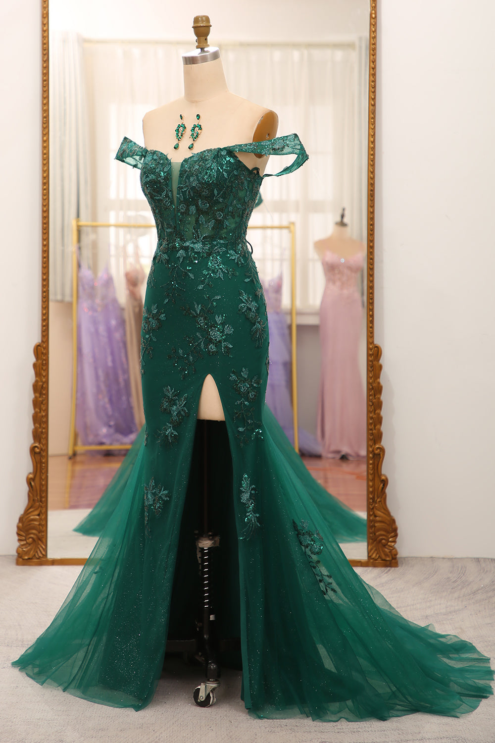 Mermaid Off The Shoulder Dark Green Prom Dress With Appliques Beautiful With Slit