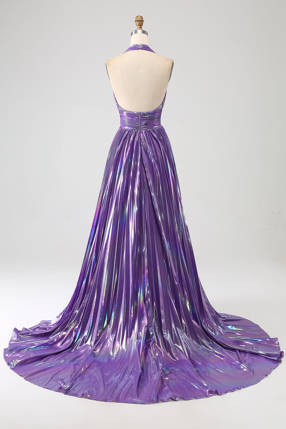 Sexy Purple Halter Pleated Metallic Long Prom Dress with Slit Charming Evening Party Dress