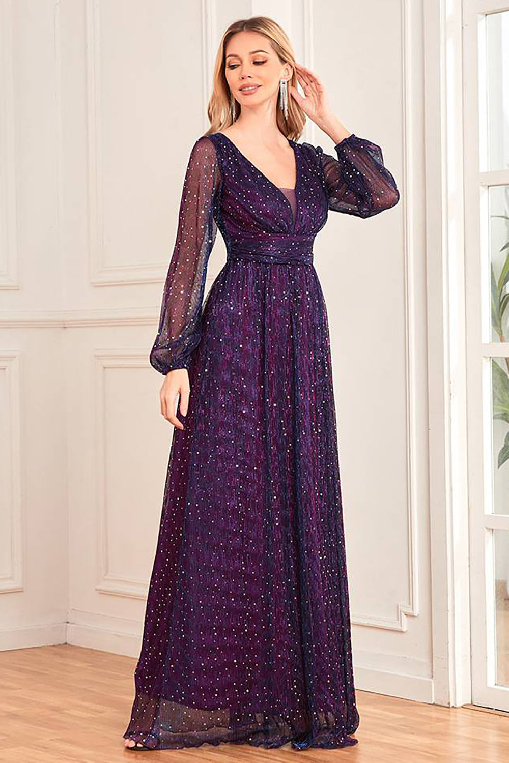 Glitter Light Green Tulle Long Prom Dress V-neck Floor Length Sparkly Evening Dress