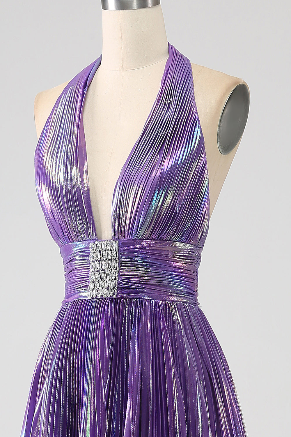 Sexy Purple Halter Pleated Metallic Long Prom Dress with Slit Charming Evening Party Dress