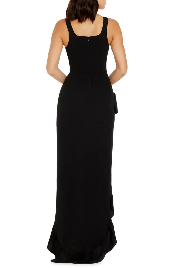 Elegant black off shoulder and floor length ruffled edge evening dress Solid Color