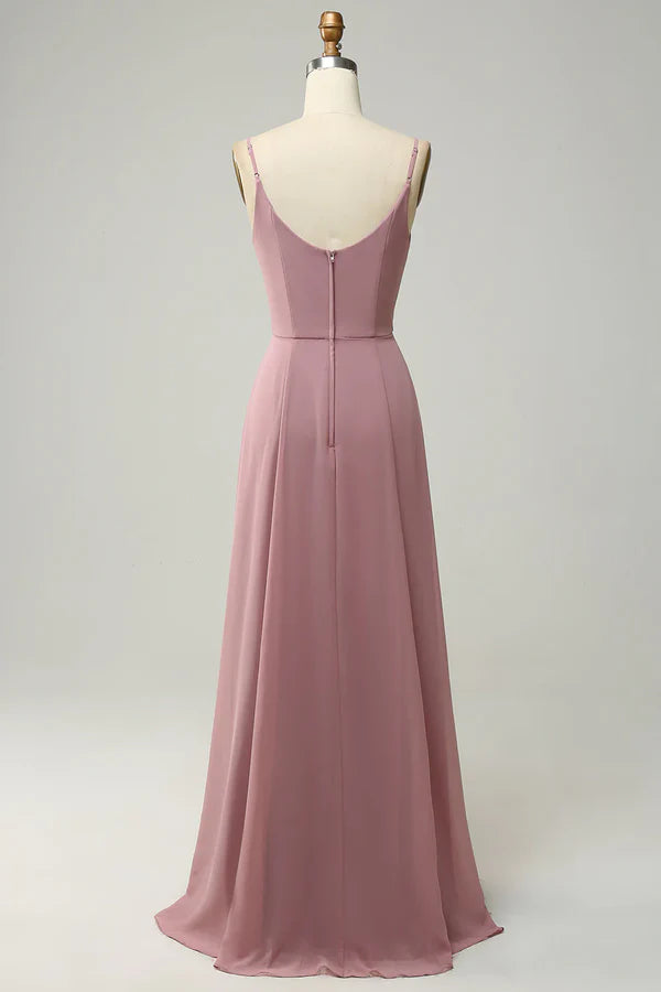 Thin shoulder strap A-line sleeveless long bridesmaid dress Solid Color Simple Party Dress