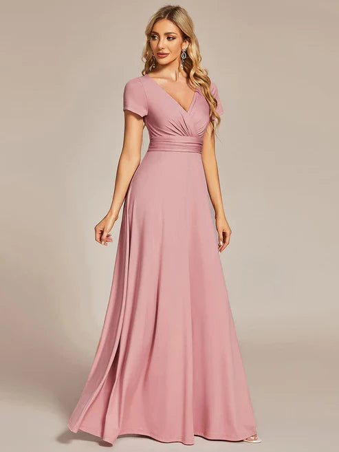 Simple Pleated Empire Waist A-Line V-neck Floor Length Bridesmaid Dress/Prom Dresses Party Dresses Wedding Guest Dresses