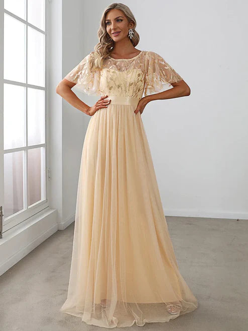 A-Line Sequin Leaf Maxi Prom Dress with Sleeves/Evening Dresses Party Dresses Wedding Guest Dresses