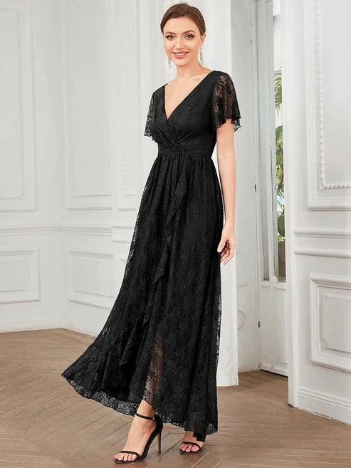 Asymmetric Pleated V-Neck Ankle-Length Short Sleeve Ruffled Lace Evening Dress/Prom Dresses Party Dresses Wedding Guest Dresses