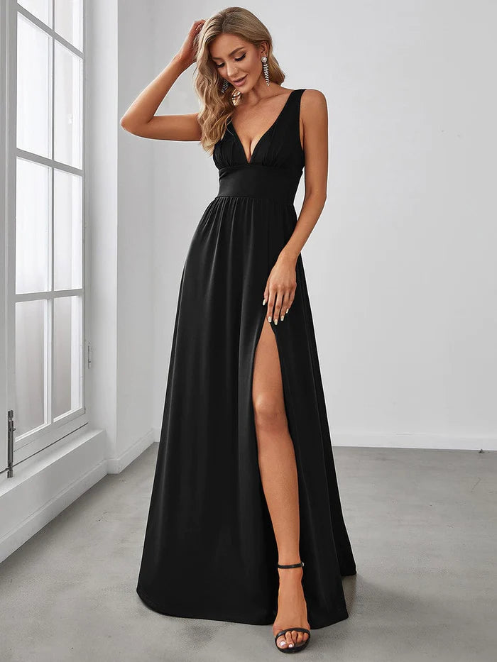 V-Neck High Slit Empire Waist Floor-Length Evening Dress