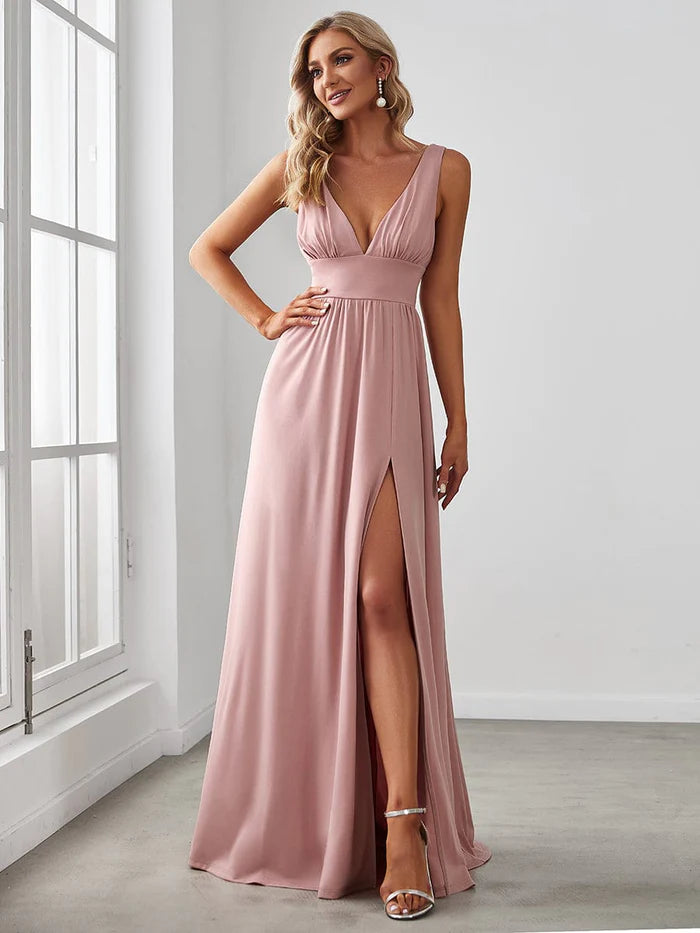 V-Neck High Slit Empire Waist Floor-Length Evening Dress
