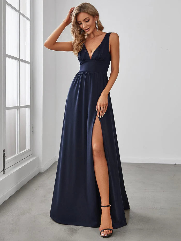 V-Neck High Slit Empire Waist Floor-Length Evening Dress