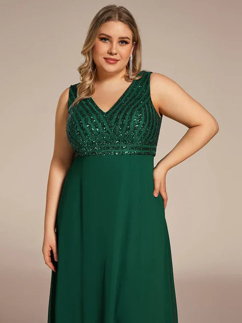 Plus Size Sequin Sleeveless Double V-Neck Formal Evening Dress/Prom Dresses Party Dresses Wedding Guest Dresses