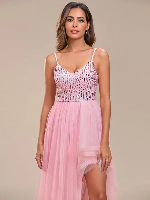 Spaghetti Strap Sequin Top A-Line High Low Tulle Asymmetric Evening Dress/Prom Dresses Party Dresses Wedding Guest Dresses