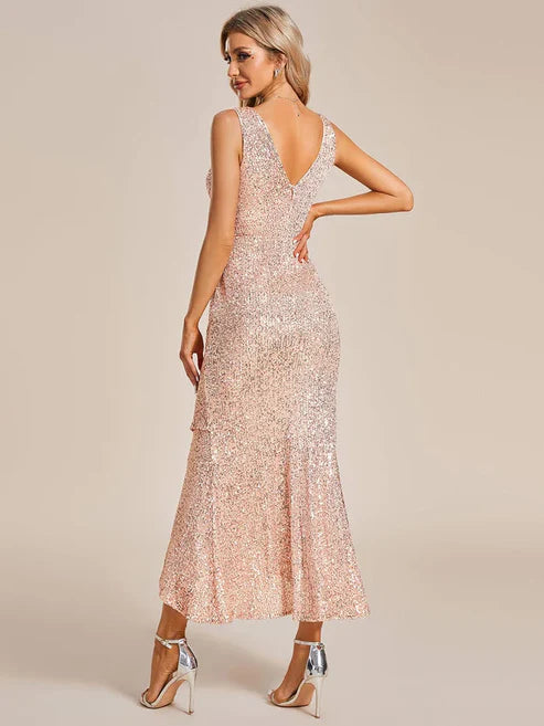 Sparkling V-Neck Sleeveless Asymmetrical Hem Sequin Evening Dress/Prom Dresses