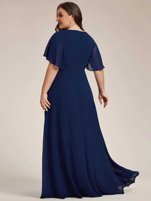 Plus Size Floral Applique Short Sleeve A-Line Chiffon Evening Dress/Prom Dresses Charming Party Dresses