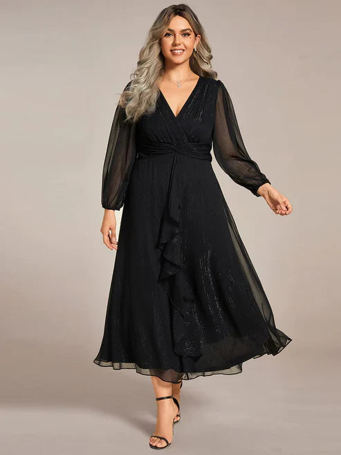 Plus Size Twist Knot Louts Leaf Long Sleeve A-Line Evening Dress With Prom Dresses Party Dresses Wedding Guest Dresses