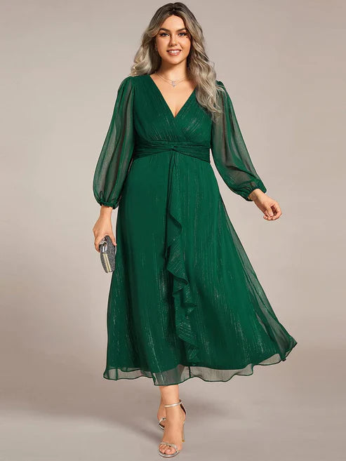 Plus Size Twist Knot Louts Leaf Long Sleeve A-Line Evening Dress With Prom Dresses Party Dresses Wedding Guest Dresses