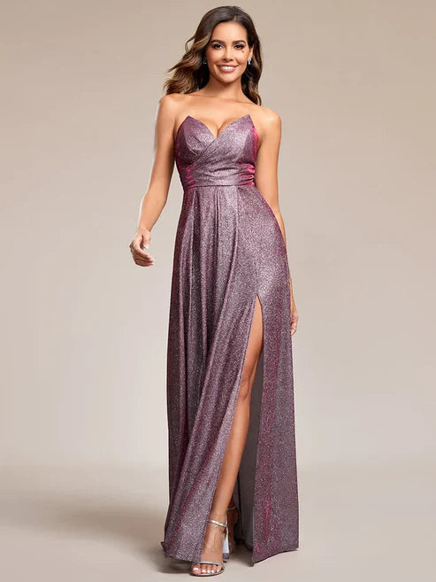 Shimmering Strapless A-Line Pleated Back-Laced High Slit Evening Dress/Prom Dresses Party Dresses
