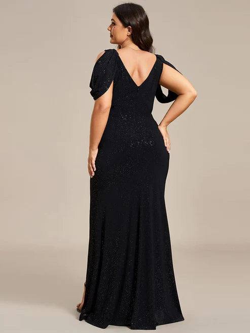 Cold Shoulder Puff Sleeve V-neck Shiny Belt Backless Glitter Evening Dress/Prom Dresses Party Dresses Wedding Guest Dresses