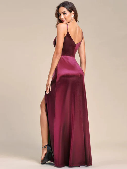 Spaghetti Straps High Stretch V-Neck Sleeveless Satin Evening Dress/Prom Dresses Party Dresses Wedding Guest Dresses With Slit