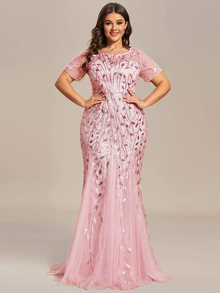 Plus Size Sequin Leaf Long Mermaid Tulle Prom Dress