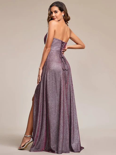 Shimmering Strapless A-Line Pleated Back-Laced High Slit Evening Dress/Prom Dresses Party Dresses
