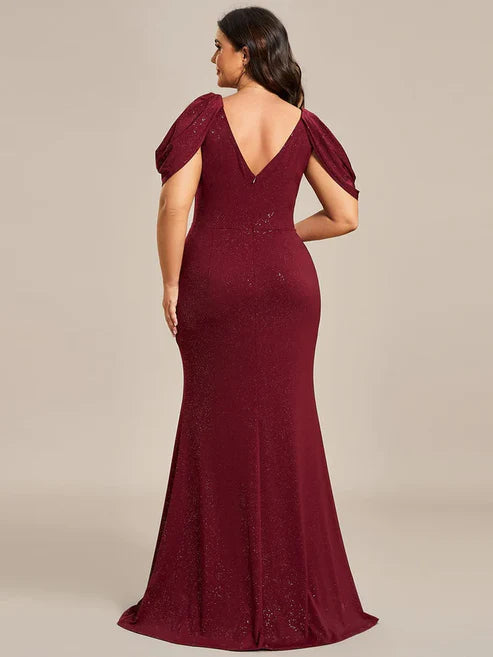 Cold Shoulder Puff Sleeve V-neck Shiny Belt Backless Glitter Evening Dress/Prom Dresses Party Dresses Wedding Guest Dresses