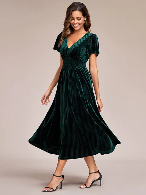 Graceful V-Neck Waist Design Short Sleeves Fall Velvet Midi Wedding Guest Dress/Prom Dresses Party Dresses