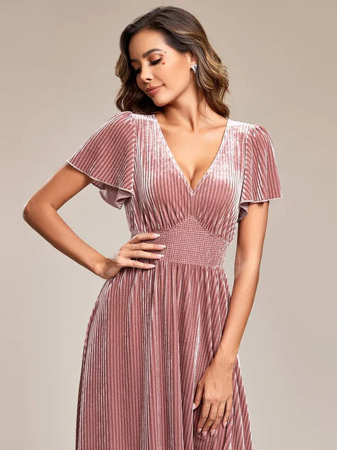 Graceful V-Neck Waist Design Short Sleeves Fall Velvet Midi Wedding Guest Dress/Prom Dresses Party Dresses