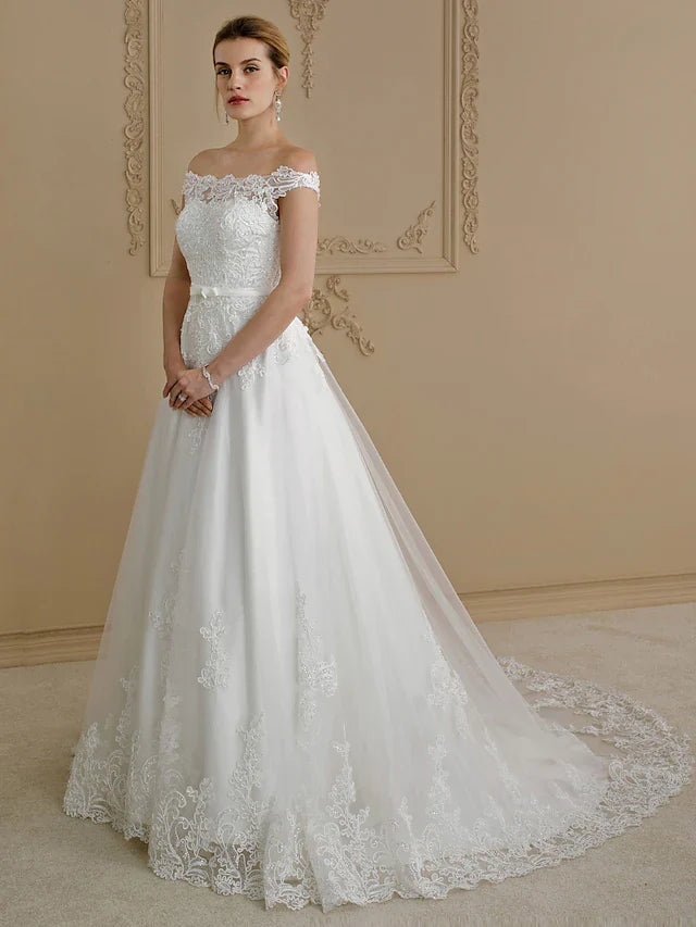 Ball Gown Wedding Dresses Off Shoulder Court Train Lace Tulle Cap Sleeve Country Glamorous See-Through Plus Size Backless with Sashes Ribbons Bow(s) Buttons