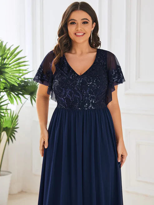 Plus Size V-Neck Short Sleeve Sequin Bodice Mother of the Bride Dress/Prom Dresses Party Dresses Wedding Guest Dresses