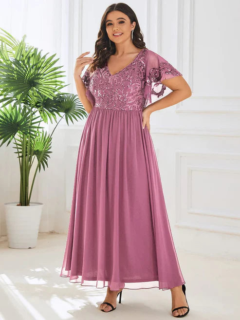 Plus Size V-Neck Short Sleeve Sequin Bodice Mother of the Bride Dress/Prom Dresses Party Dresses Wedding Guest Dresses