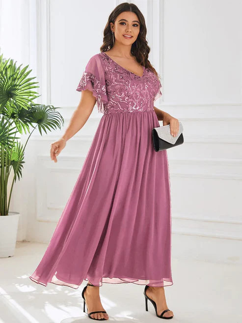 Plus Size V-Neck Short Sleeve Sequin Bodice Mother of the Bride Dress/Prom Dresses Party Dresses Wedding Guest Dresses