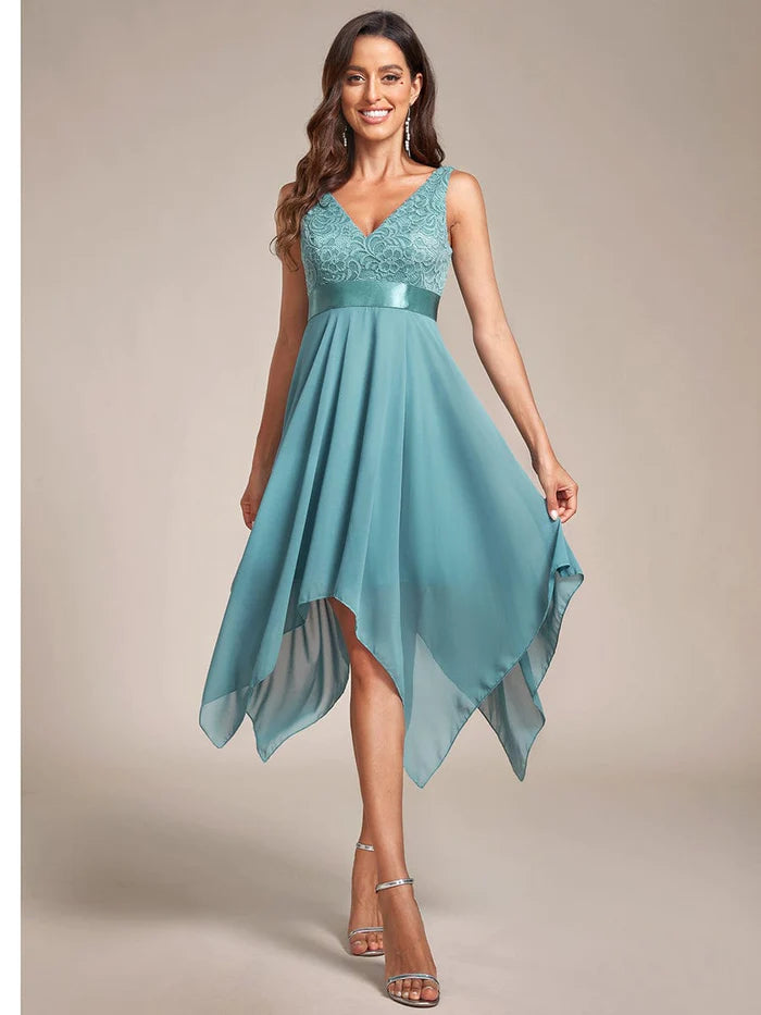 Stunning V Neck Lace & Chiffon Wedding Guest Dresses for Women