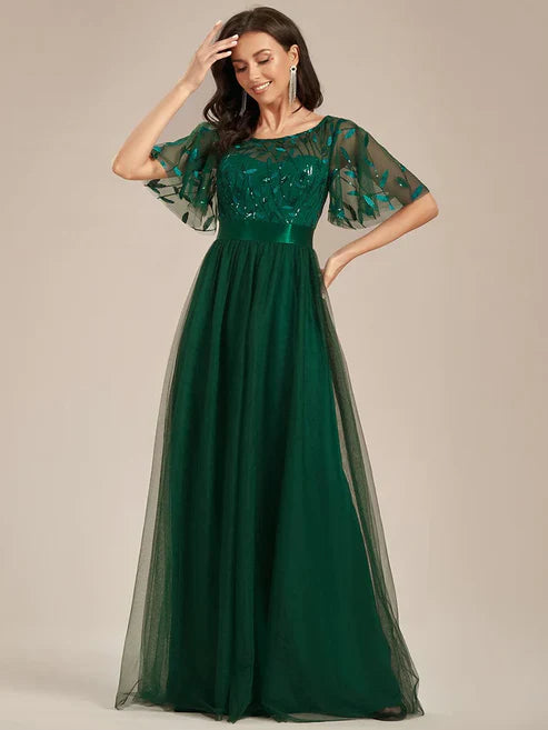 A-Line Sequin Leaf Maxi Prom Dress with Sleeves/Evening Dresses Party Dresses Wedding Guest Dresses
