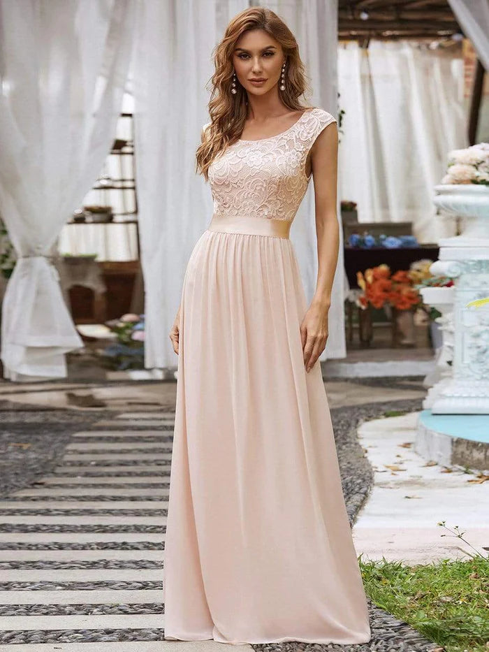Classic Round Neck V Back Lace Bodice Bridesmaid Dress