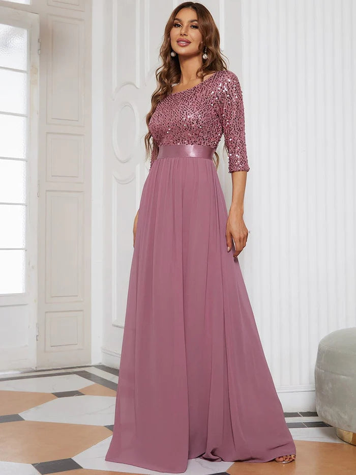 Elegant Round Neckline 3/4 Sleeve Sequins Patchwork Evening Dress