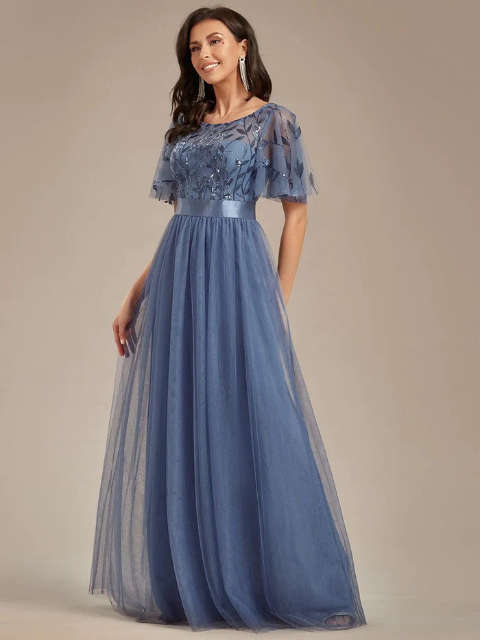 Women's A-Line Short Sleeve Embroidery Floor Length Wedding Guest Dresses