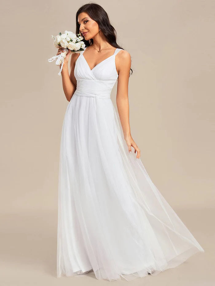 Elegant Double V-Neck Tulle Floor-Length Bridesmaid Dresses