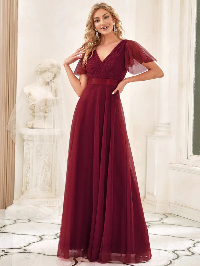 Women's Double V-Neck Floor-Length Bridesmaid Dress with Short Sleeve