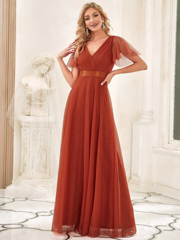 Women's Double V-Neck Floor-Length Bridesmaid Dress with Short Sleeve