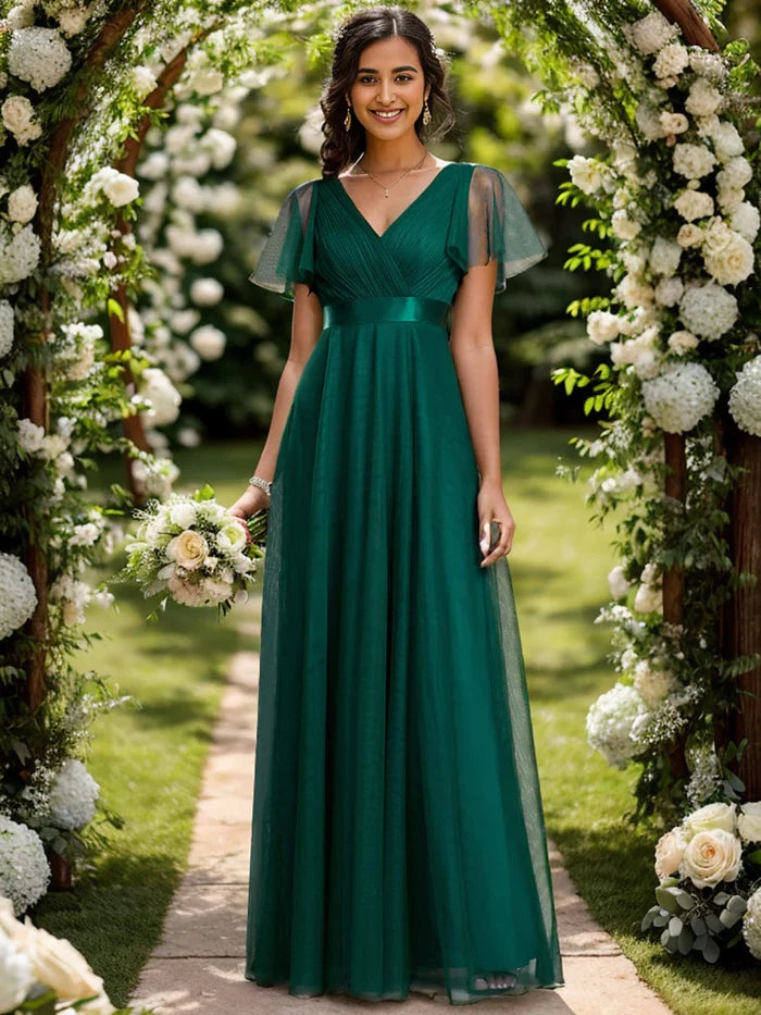 Double V-Neck Tulle Floor-Length Bridesmaid Dress