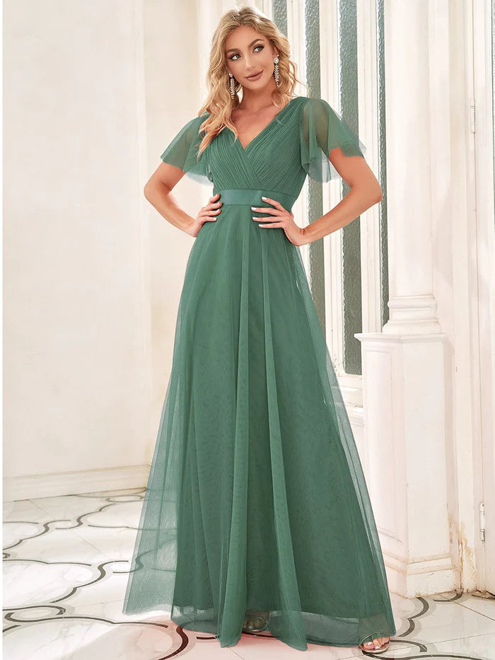 Women's Double V-Neck Floor-Length Bridesmaid Dress with Short Sleeve
