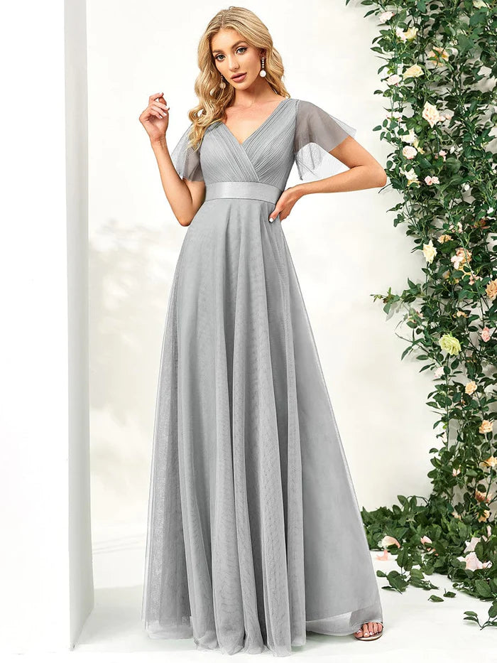 Double V-Neck Tulle Floor-Length Bridesmaid Dress