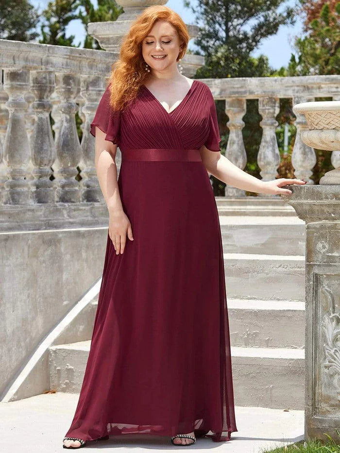 Plus Size Long Empire Waist Bridesmaid Dress with Short Flutter Sleeves