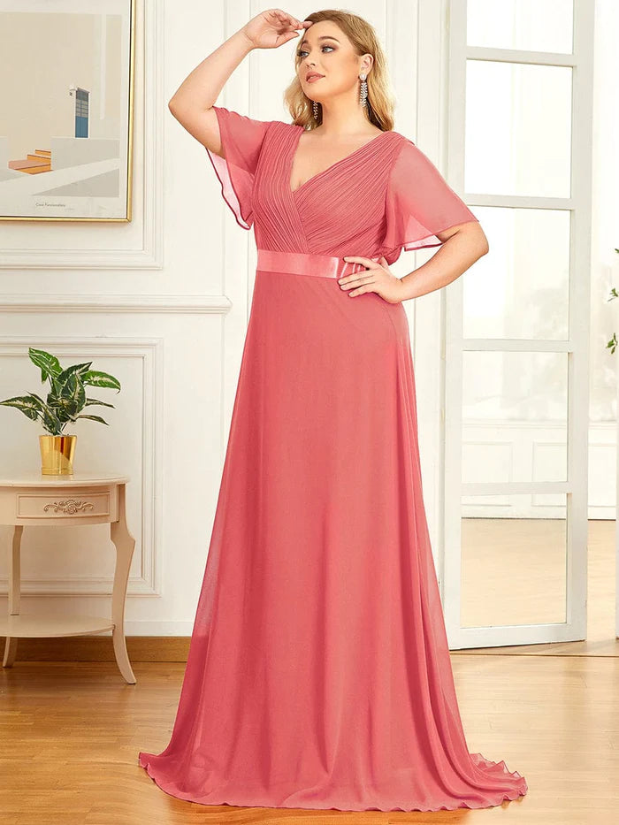 Plus Size Long Empire Waist Bridesmaid Dress with Short Flutter Sleeves
