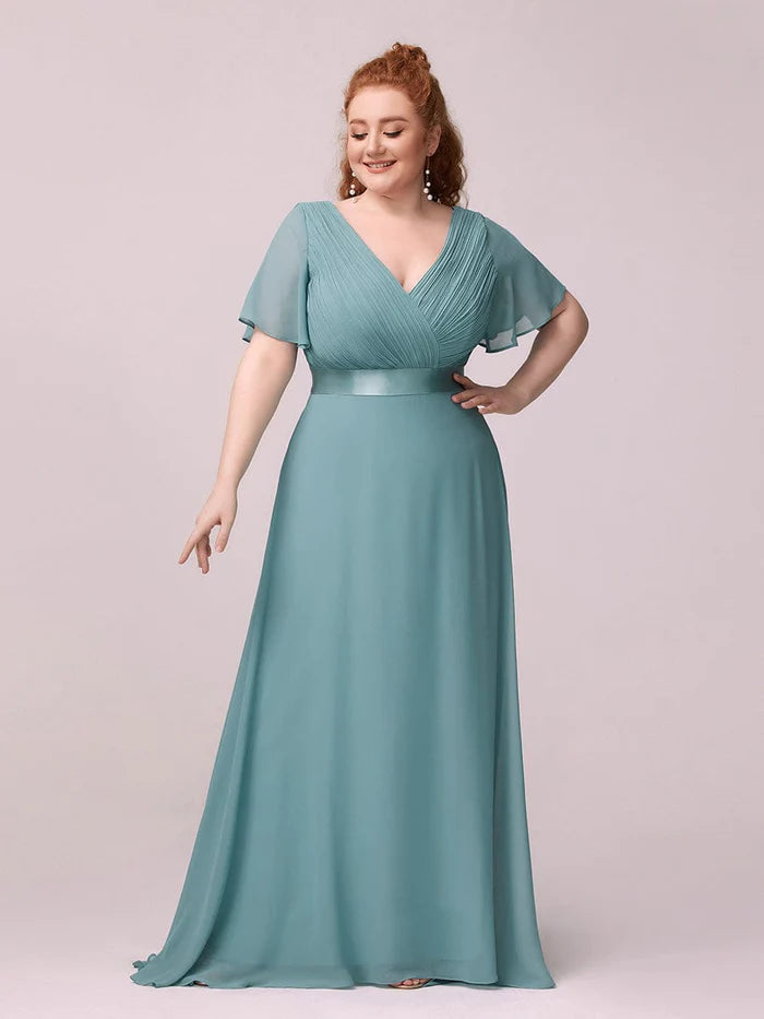 Plus Size Long Empire Waist Bridesmaid Dress with Short Flutter Sleeves
