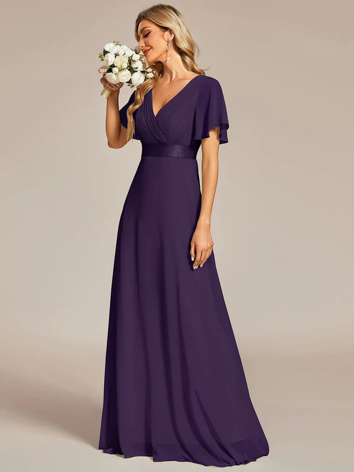 Long Empire Waist Bridesmaid Dress with Short Flutter Sleeves