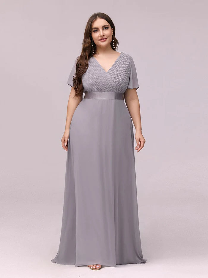 Plus Size Long Empire Waist Bridesmaid Dress with Short Flutter Sleeves
